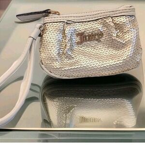 Juicy Couture Y2K Sequin Wristlet Bag Off White Logo Glam Mini Purse Bling